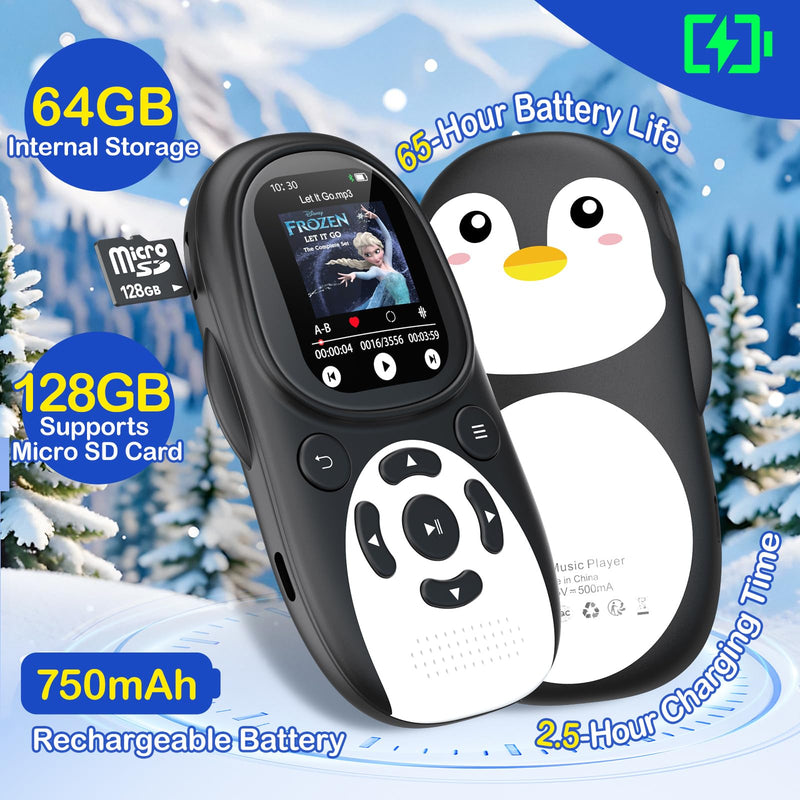 64GB Cute Penguin MP3 Player with Bluetooth 5.3 & Speaker, Portable Music Player for Kids, 2" Screen, 65-Hour Battery Life, FM Radio, Voice Recorder, Volume Limit, Supports 128GB microSD Card
