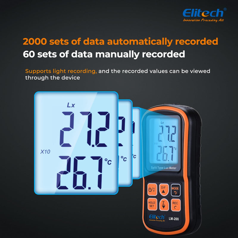 Elitech Digital Light Meter LM-200, Handheld Illuminance Meter with LCD Display, 200,000 Lux Range, Temperature Measurement