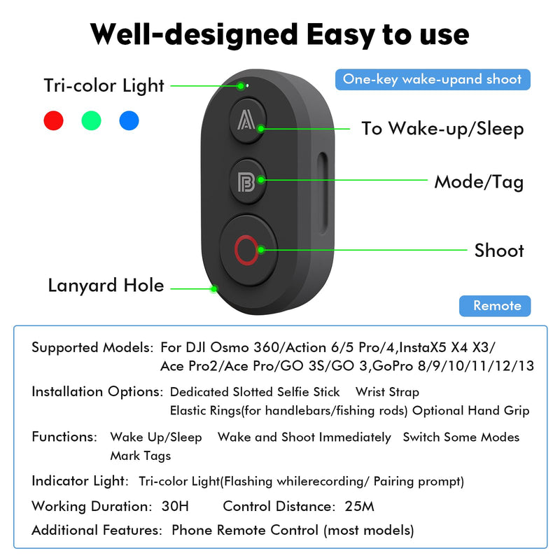 [AUSTRALIA] - YDW Bluetooth Remote Controller Compatible with DJI Osmo 360/Action 6/5 Pro/4,for Insta 360X5 X4 X3/Ace Pro2/Ace Pro/GO 3S/GO 3 Wireless Remote Controller,114FT Range Action Camera Accessories 
