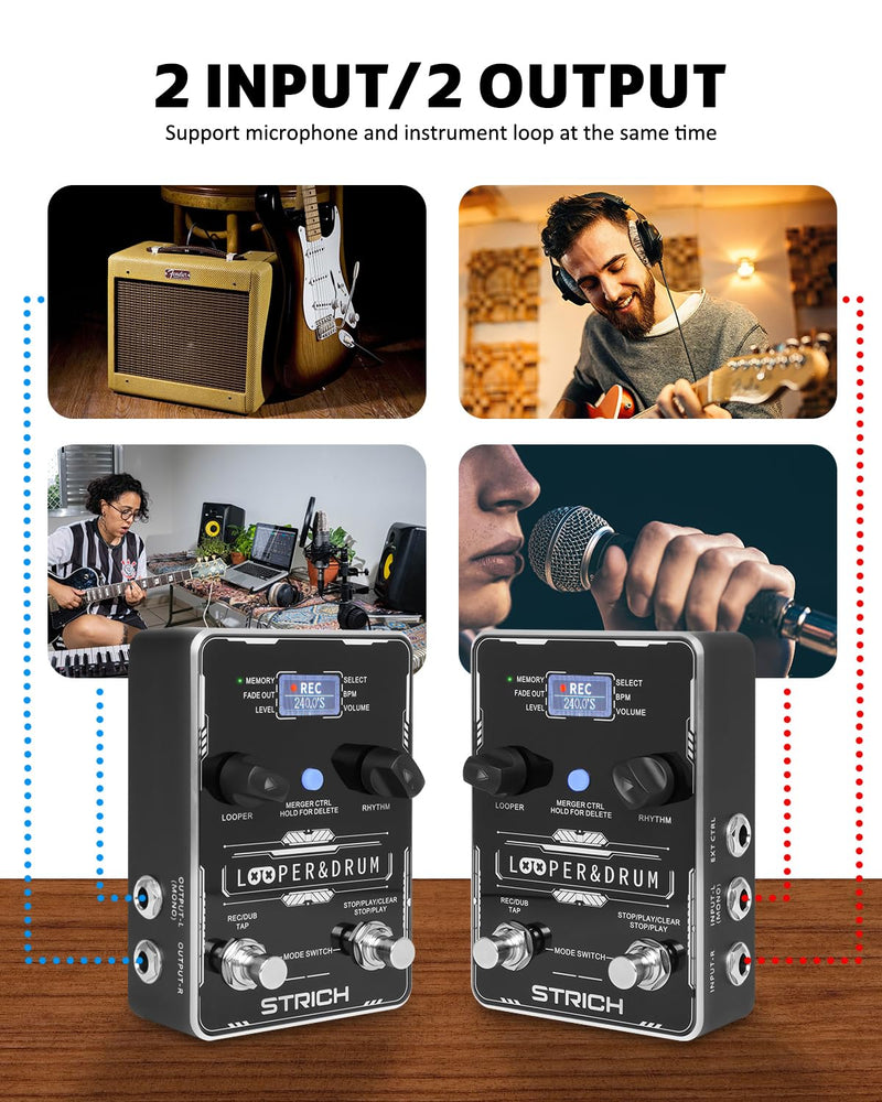 STRICH Stereo Looper Pedal Guitar Pedal with Built-in Drum Machine, 100 Diverse Drum Patterns, 160 Minutes Recording Time, USB for Audio Upload or Download, Support Footswitch Control