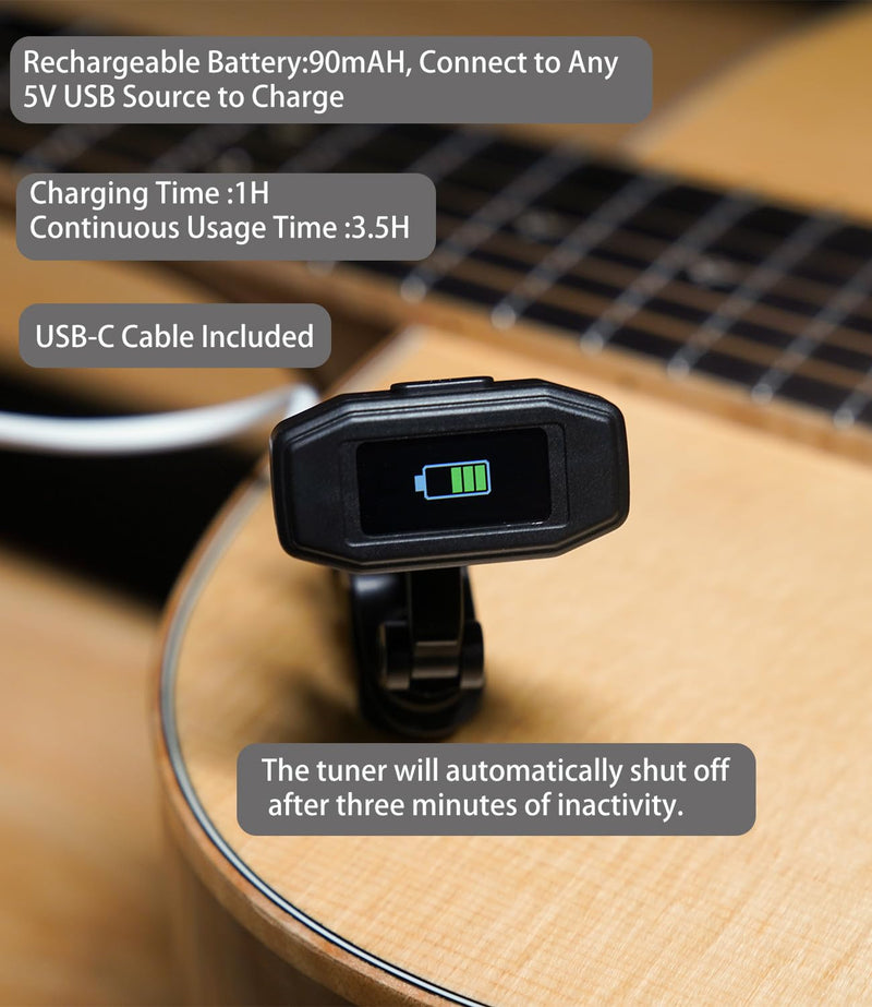 Rechargeable Clip-On Tuner Digital Professional Tuning Tool Tuner for Guitar, Bass, Ukulele, Violin, Mandolin, Banjo, Chromatic Instruments