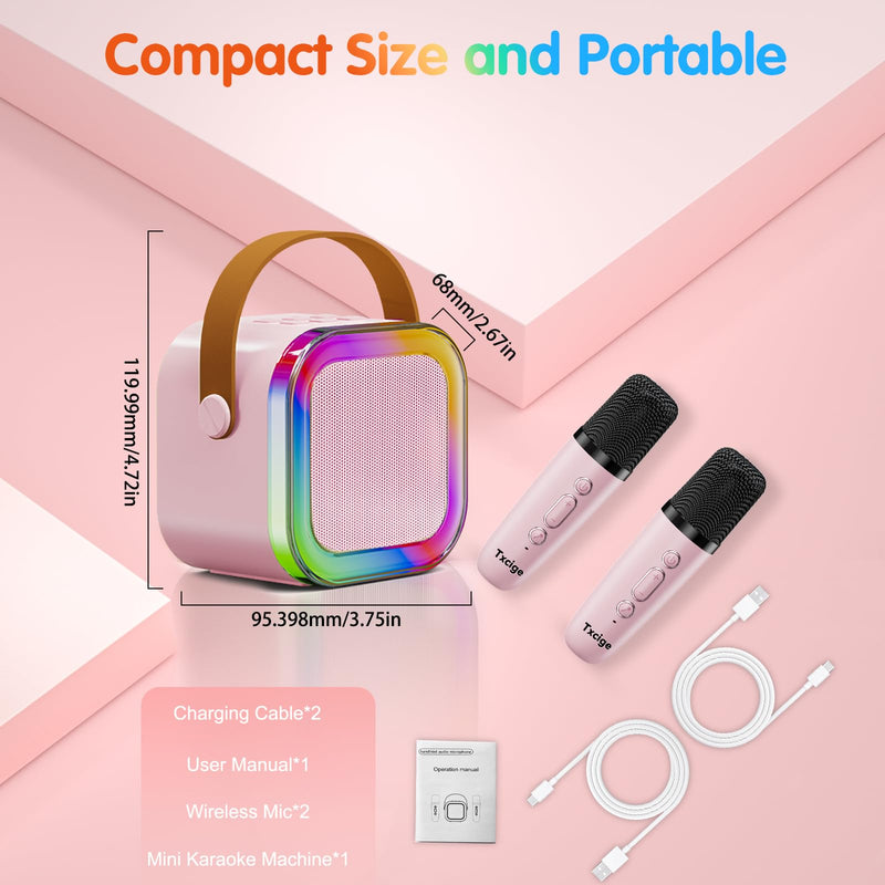 [AUSTRALIA] - Txcige Mini Karaoke Machine for Kids Adults, Portable Bluetooth Karaoke Speaker with 2 Wireless Microphones & Colorful Lights, Karaoke Machine for Girls Boys Birthday Christmas (Pink) Pink 