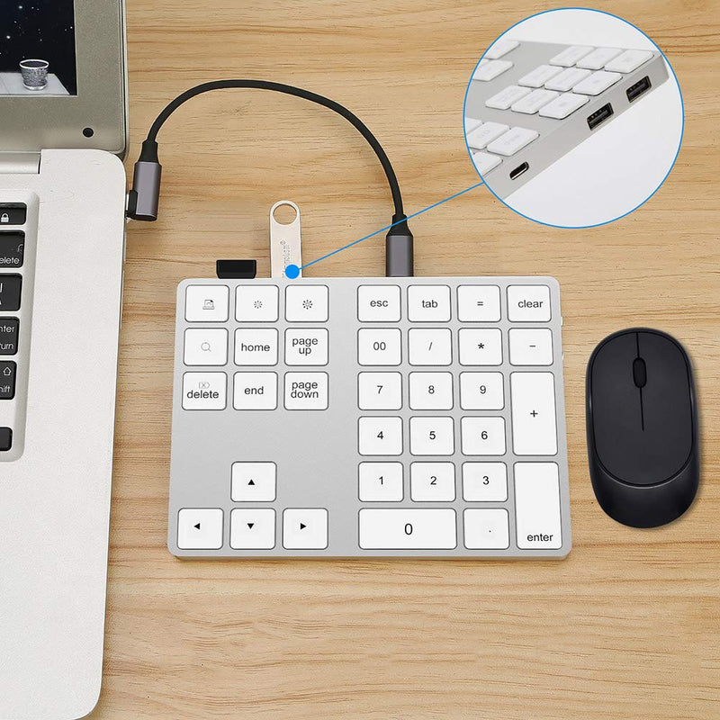 Wired/Bluetooth Numeric Keypad, Portable Wireless Bluetooth 34-Key External Number Pad with 2 USB 3.0 Interface for Computer Laptop Windows, OS, Android(Silver) Silver