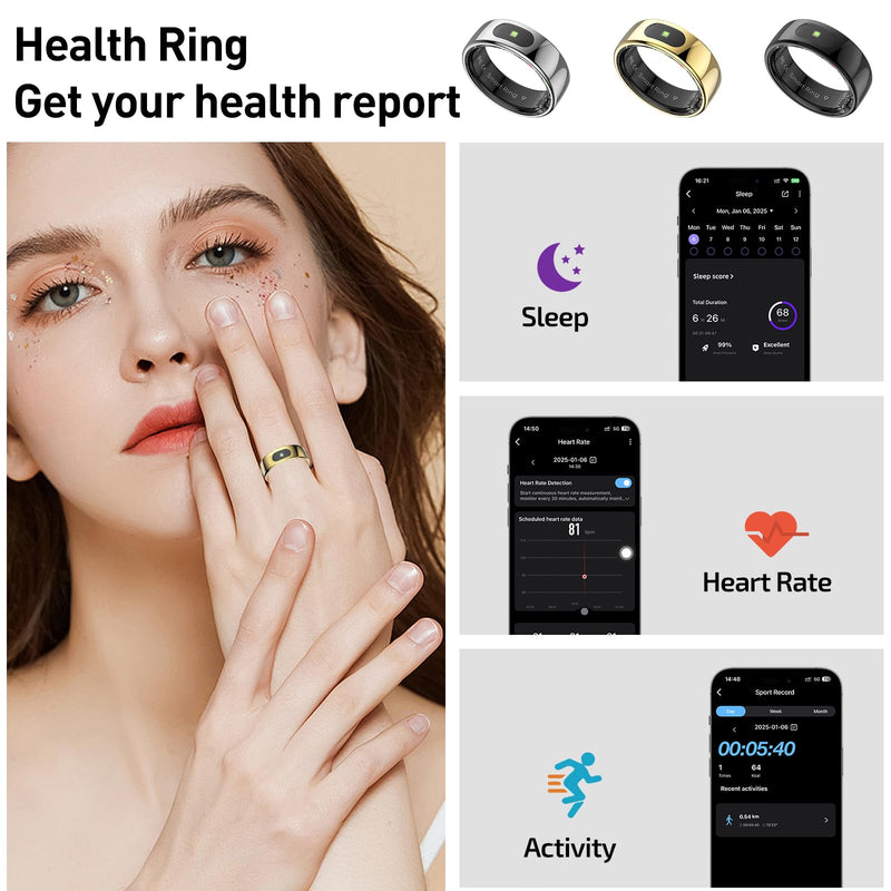 Smart Ring Health Tracker for Women & Men, Fitness Ring with Sleep & Motion Tracking, Touch Control, No Subscription Required, Compatible with iOS & Android (Starlight Silver, #10)