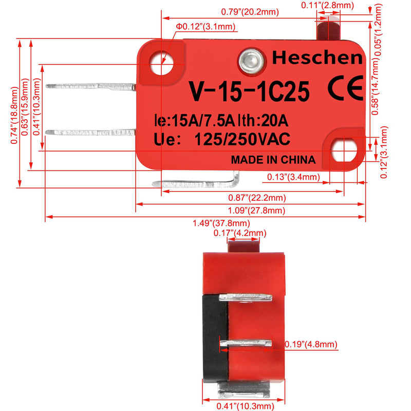 Heschen Micro Switch V-15-1C25 SPDT Button Type 20A 250VAC Pack of 2