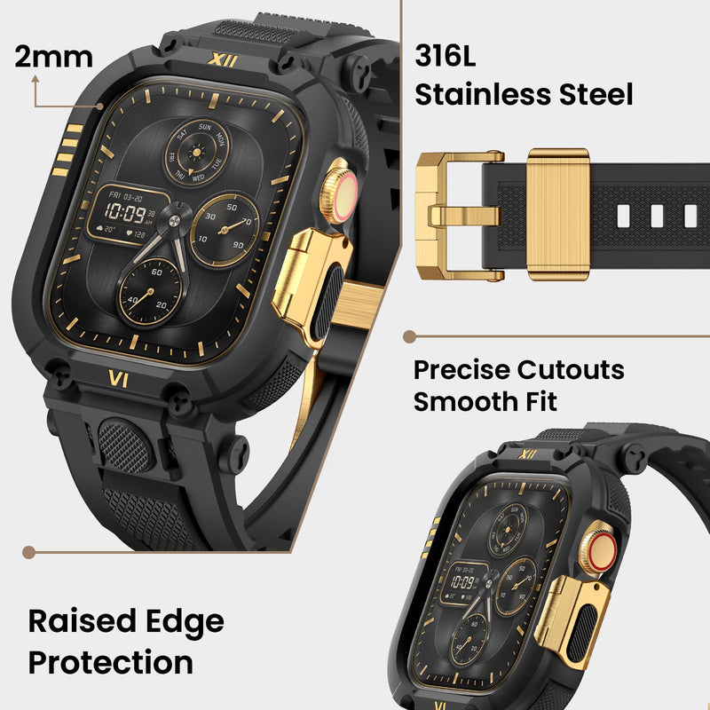 DABAOZA Rugged Leather Band with Case Compatible for Apple Watch 45mm 44mm Metal Replacement Strap Series 9 8 7 6 5 4 SE 3