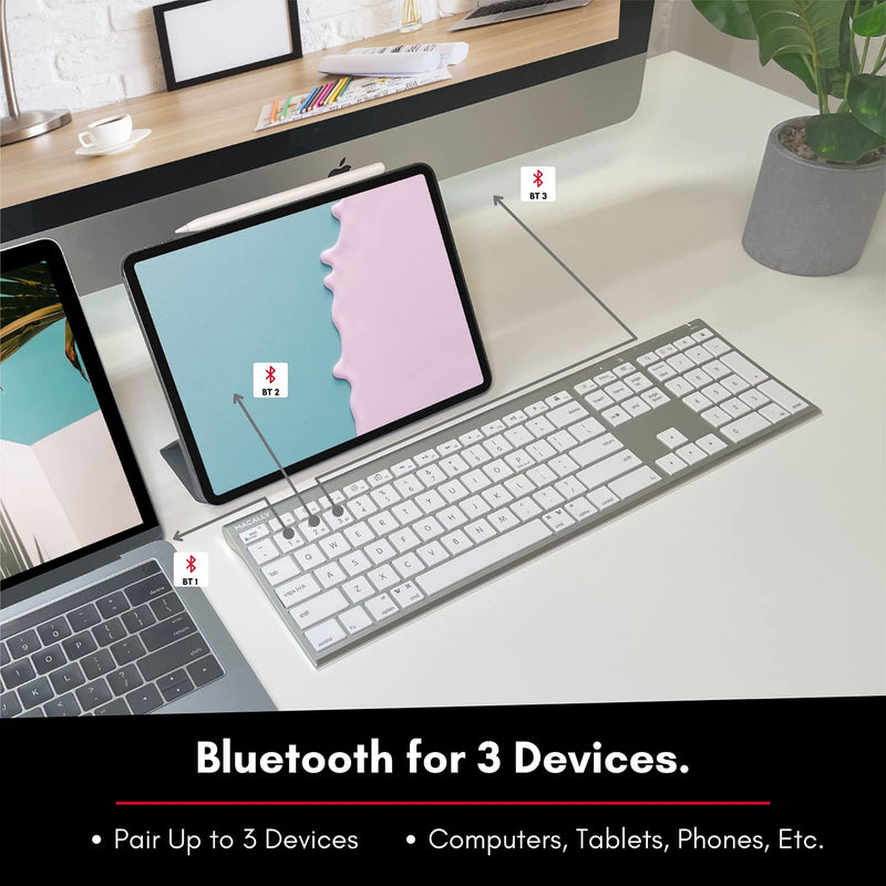 Macally Wireless Bluetooth Keyboard with Numeric Keypad - Multi Device Keyboard for Mac Pro/Mini, Apple iMac, MacBook, Laptop, Computer Windows PC. Android, Smartphones, Tablets (Aluminum Silver) Aluminum Silver