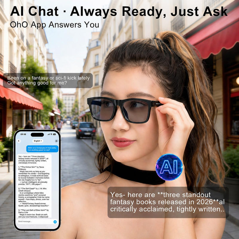 OhO sunshsine AI Glasses, Bluetooth Audio Sunglasses with 10H Playtime, ChatGPT Translation & Water Resistant Open Ear Glasses Black