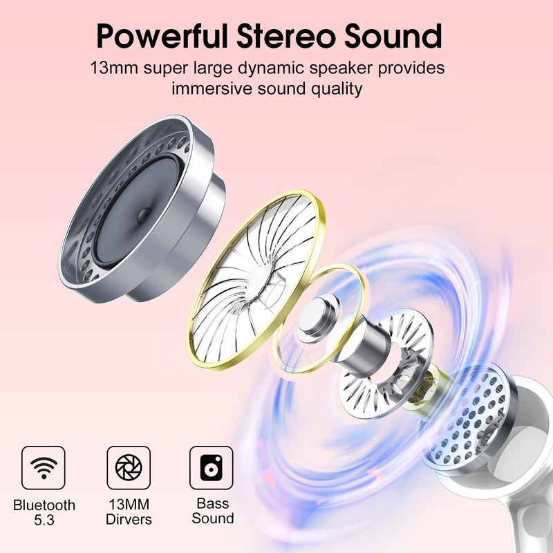 Wireless Earbuds, 2024 Bluetooth Headphones 5.3 HiFi Stereo Earphones, 40H Playtime in-Ear Earbud, Bluetooth Earbud with Dual Mic Call, IP7 Waterproof Earphones Sport Headset for iOS Rose