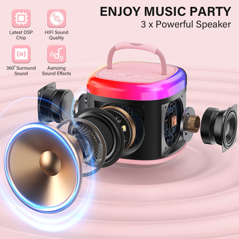 JYX Mini Karaoke Machine for Kids, Portable Bluetooth Karaoke Speaker Unpowered Cabinets with 1 Wireless Microphones and Party Lights and Adults, Birthday Gifts for Girls Boys Family Home Party(Pink) Pink-2Mic