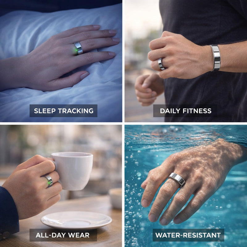 Smart Ring for Women Men - Heart Rate Sleep Tracker, 5ATM Water Resistant, Gesture Control, Charging Case, Bluetooth 5.2, Silver, Size 8