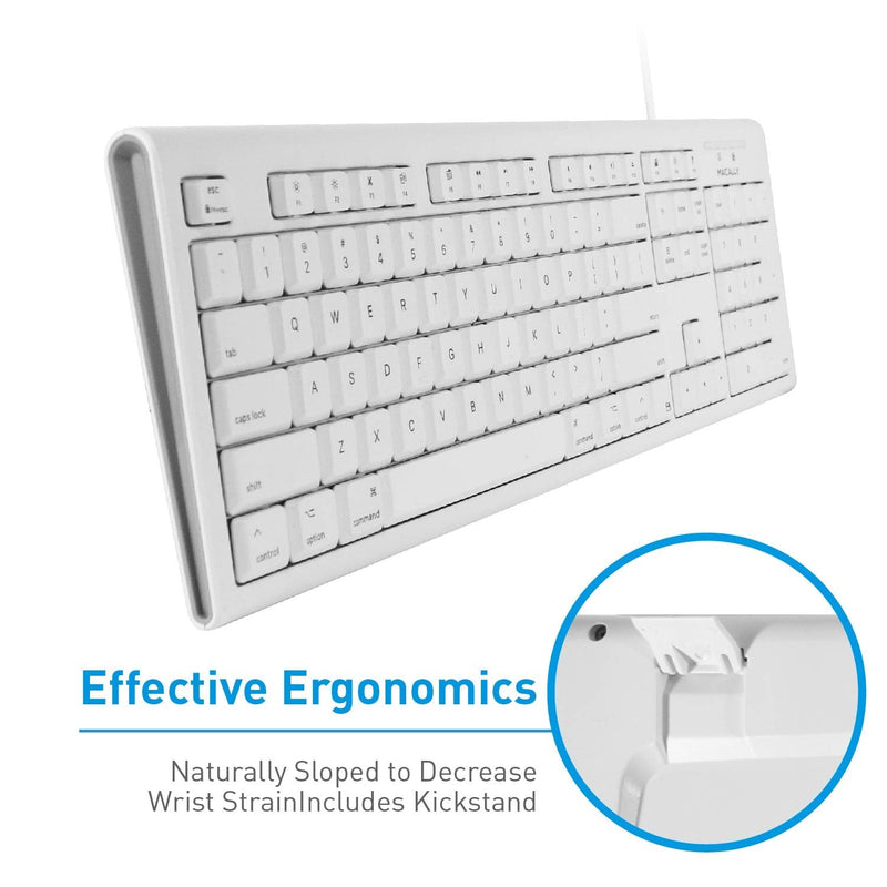 Macally Full-Size USB Wired Keyboard for Mac Mini/Pro, iMac Desktop Computer, MacBook Pro/Air Desktop w/ 16 Compatible Apple Shortcuts, Extended with Number Keypad, Rubber Domed Keycaps - Spill Proof white