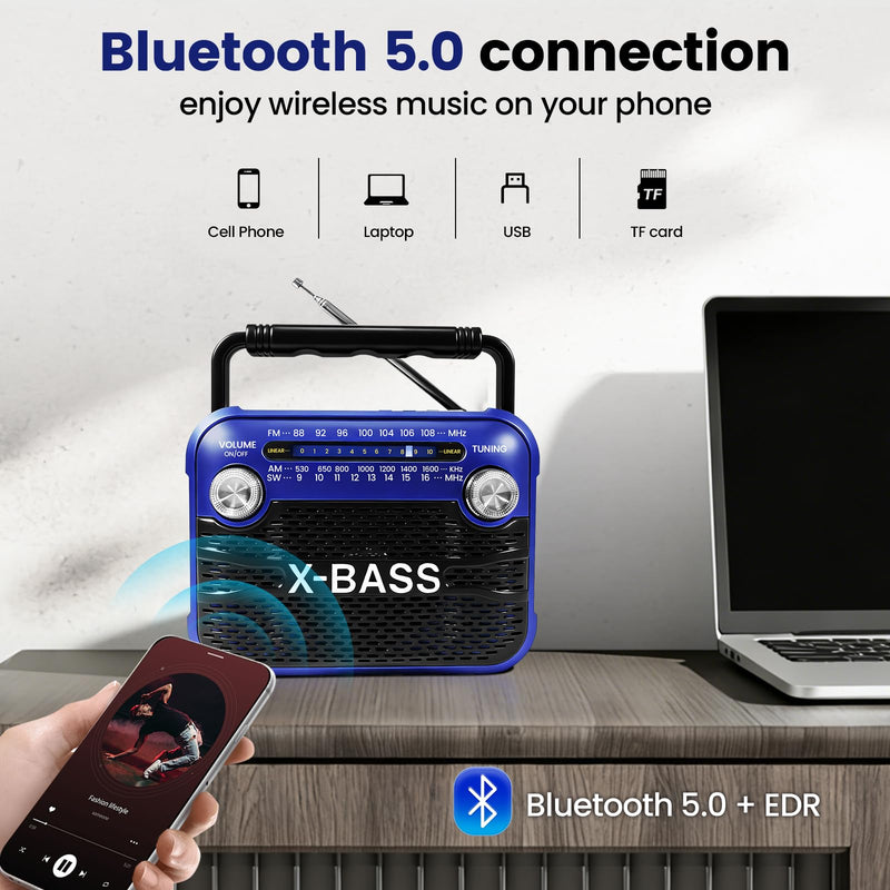 [AUSTRALIA] - Portable AM/FM/SW Shortwave Radio with Bluetooth 5.0,Support USB/TF Player,D Battery Operated/USB Charge,Digital Tuner & Earphone Jack,Emergency Flashligh, Perfect for Gifts/Elderly/Home 