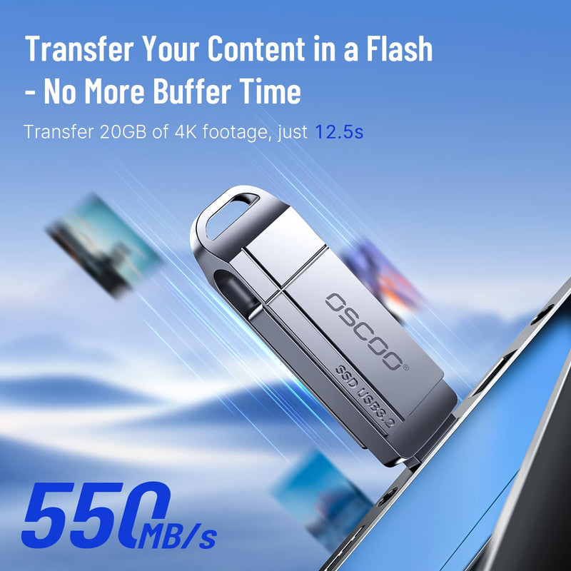 256GB USB SSD Drive, Up to 550MB/s Dual USB-A & C Thumb Drive | Compatible with Android, PC, Mac, iPhone 15/15/16, Backup, Dual-port, Zinc Alloy Housing, Swivel Design 256.0 GB 5Gbps