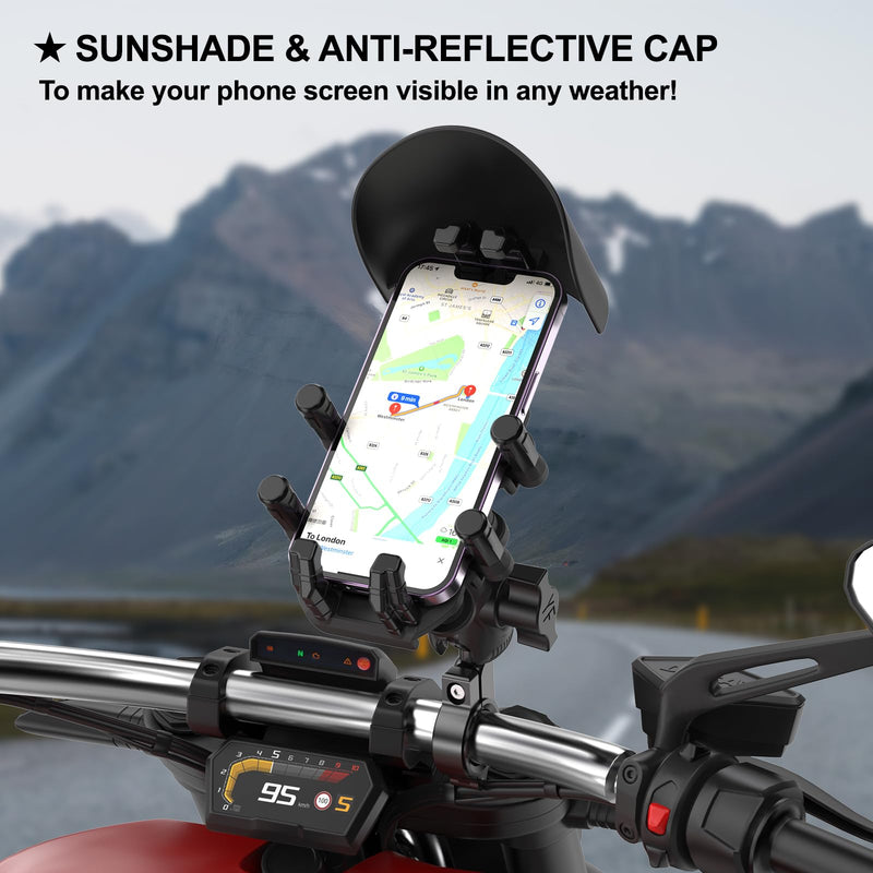 iMESTOU Anti-Vibration Motorcycle Phone Mount, Shock Damping Bike Cellphone Holder with 1" Ball Mount Base 720° Rotatable Fits for 12-32mm Handlebars, Widely Compatible with 5.4"-7.0" Smartphones