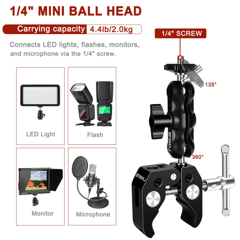 [AUSTRALIA] - Camera Mount Clamp with Double Ball Head Adapter - 2 Pack. Compatible with LED Lights, Gopro, Insta360, DJI Action, Ronin-M, Ronin MX. 360° Ballhead and 1/4’’ + 3/8’’ Thread Hole. 