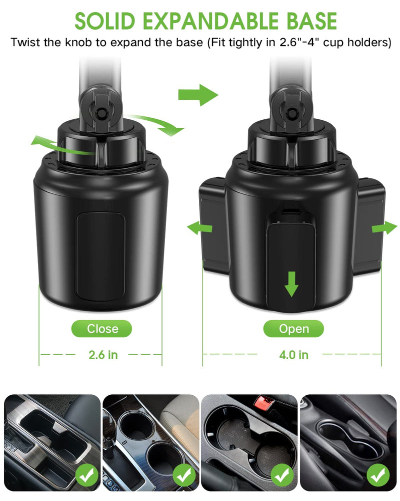 Cup Phone Holder for Car, No Shaking Car Phone Mount with Expandable Base | Adjustable Height 8"-10.8", 360° Rotation, Fits 2.6"-4.0" Cup Holders for iPhone 17 Pro Max to iPhone 11, Samsung, Google