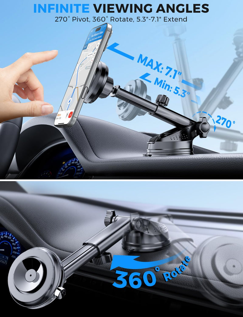 eSamcore MagSafe Car Mount, Off-Road Mag-Vacuum Lock Magnetic Phone Holder | Windshield, Dash, 20 N55 Magnet, Adjustable MagSafe stand, Mag-Vac Lock, iPhone 17 16 15 14 Pro Max, iPad, Tablet, 4.7”-11.9”