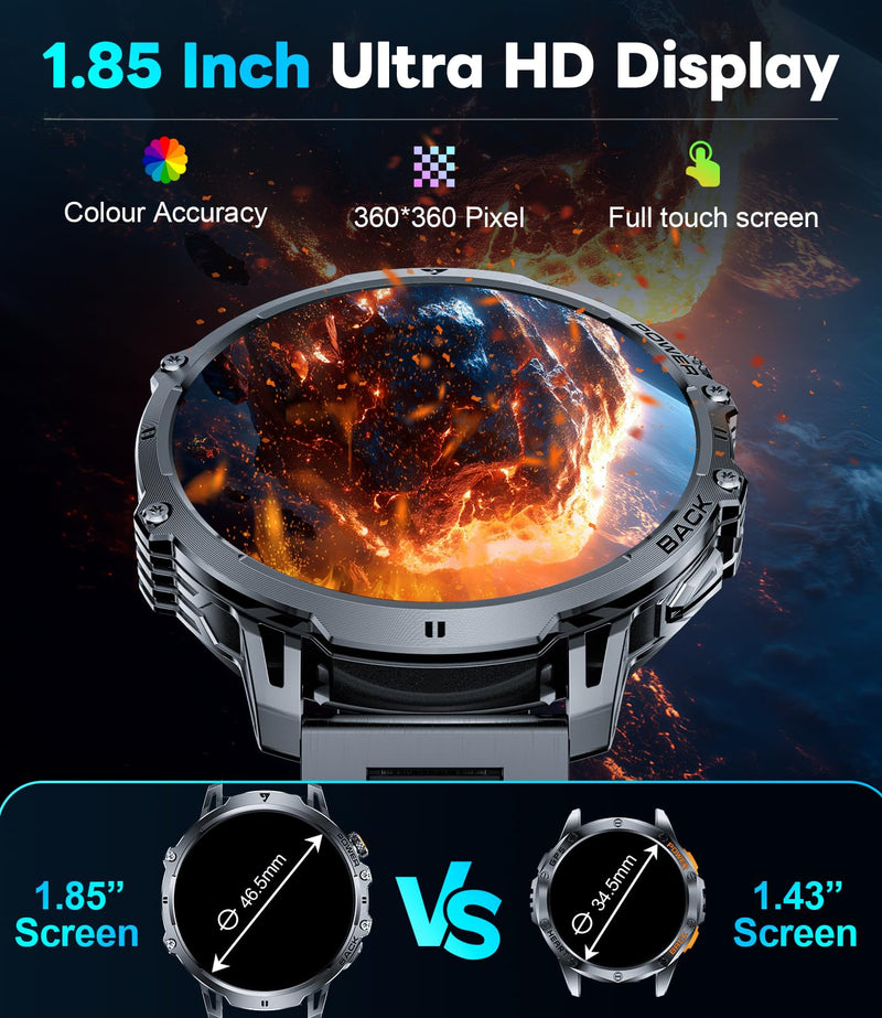 LIGE Military Smart Watches for Men(2 Bands),1000mAh/1.85" HD Large Screen Smartwatch, Flashlight/110+ Sports Modes/Sleep Monitor, Fitness Tracker Watch for Android iOS,Black Black