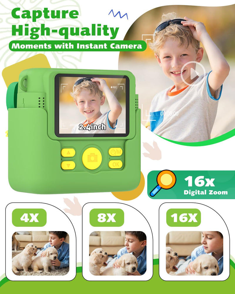 Instant Print Kids Camera,1080P HD Video Record Kids Camera Dinosaur Toys for Boys Age 8-10, Christmas Birthday Gifts for Boys 3 4 5 6 7 8 9 10 Year Old with 3 Rolls Photo Paper and 32G Card Green