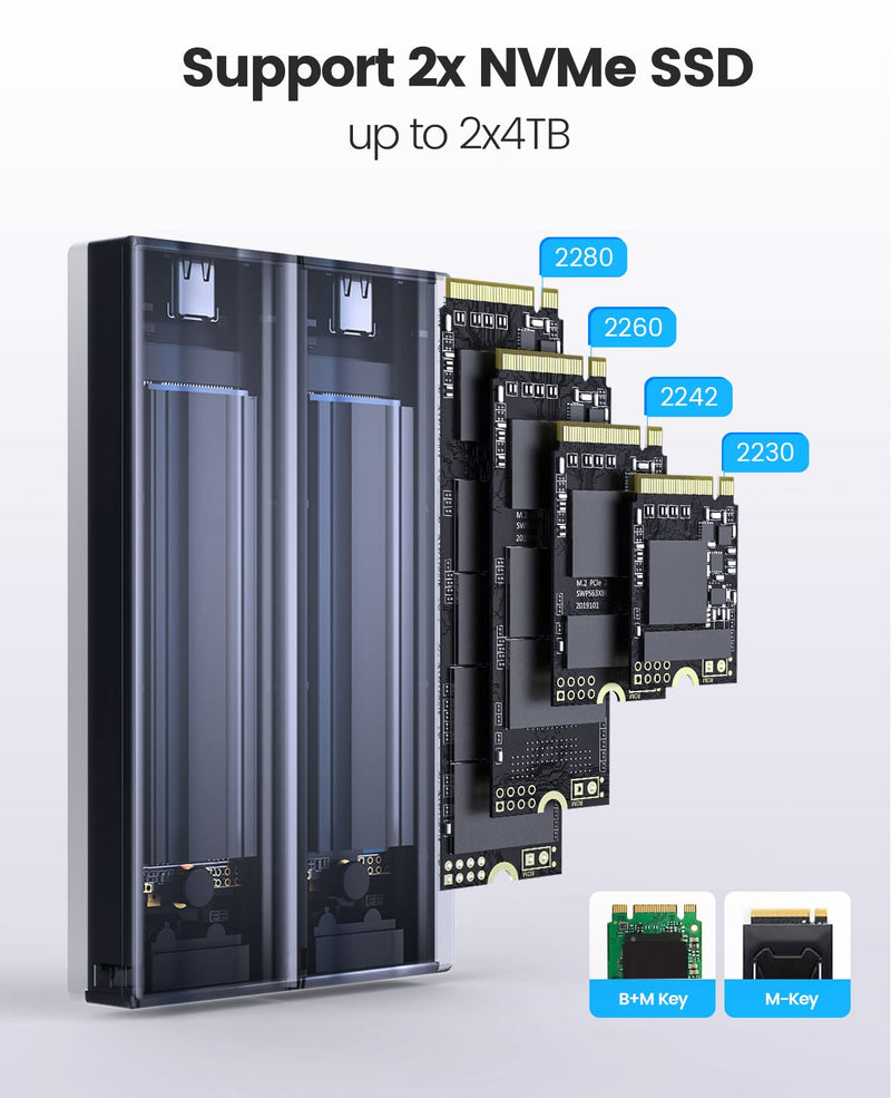 ORICO Dual M.2 NVMe SSD Enclosure, USB C to M2 Adapter for M Key PCIe 2230/2242/2260/2280 M.2 SSDs,Tool-Free Installation Aluminum SSDs Reader Support Trim and UASP up to 2x4TB-BM2-2N Dual M.2 NVMe+NVMe