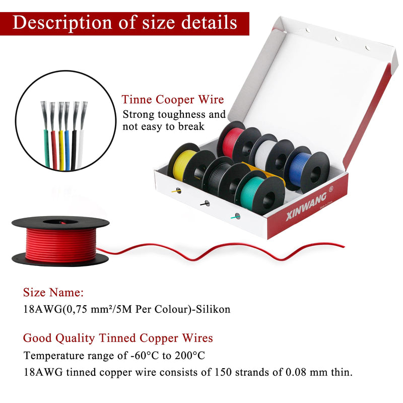 18 Gauge Electrical Wire,18 awg Silicone Wire-XINWANG 18 Gauge Stranded Tinned Copper Wire with Silicone Insulation(OD: 2.3 mm) 6 Colors,16.5ft Each, Hook Up Wire Kit 18AWG16.5FT-Silicone