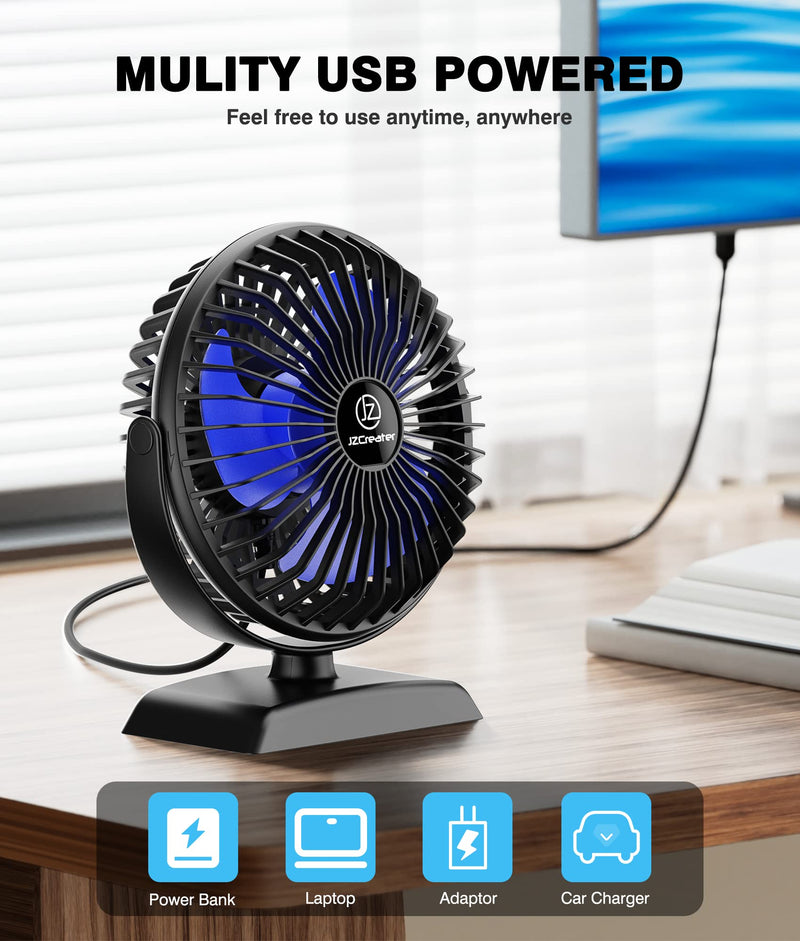 JZCreater USB Desk Fan, USB Fan Mini, 360 Rotation Desktop Fan with 3 Speed, Table Personal Cooling Fan, Quiet Mini Desk Fan, USB Powered, Small Fan for Home Office Bedroom Car Travel,Black 1 Black+Blue