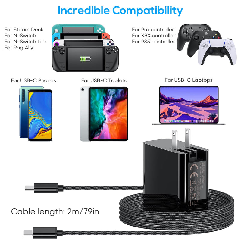 Fast Charger for Steam Deck OLED/Nintendo Switch/Playstation Portal/ROG Ally,MENEEA 65W/45W PD Foldable Power Adapter with 6.6FT USB-C Charging Cable Cord,Accessories for Steam Deck TV Dock Console