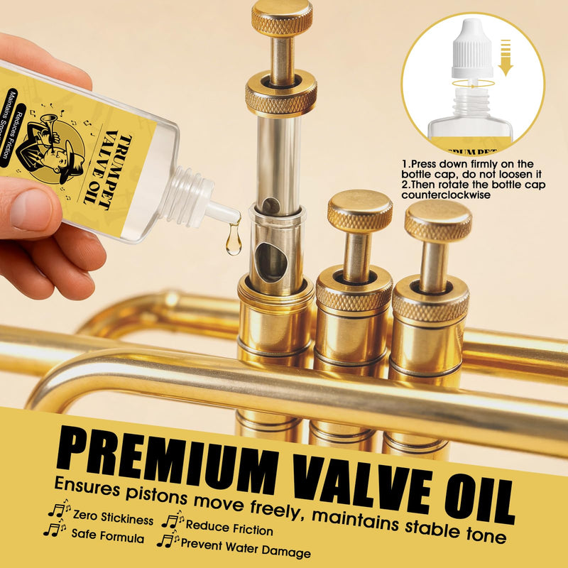 Trumpet Cleaning Kit, Trumpet Care Kit (Valve Oil, Slide Grease, Mouthpiece Brush, Bore Brushe, Piston Brush, Microfiber Cloth, Jnjector and Bent Tube Needle), Maintain Trumpet and Sound Quality