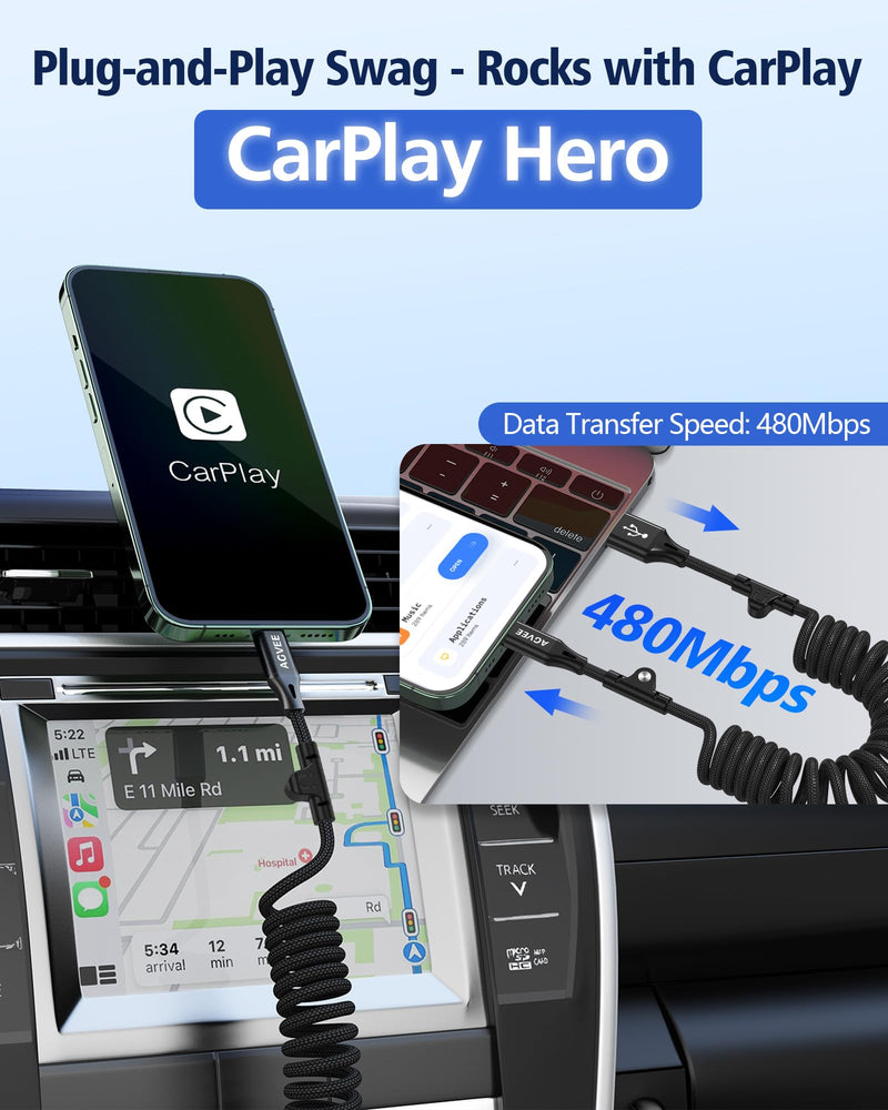 AGVEE 1.5ft Coiled USB-A to USB-C Cable [USB-IF Certified] Carplay | 3A Fast Charger Data Transfer Cord in Car for iPhone 17/16/15, Android Auto, Galaxy S26 S25 S24 S23 S22 S21 S10 S9, Pixel Black A to C