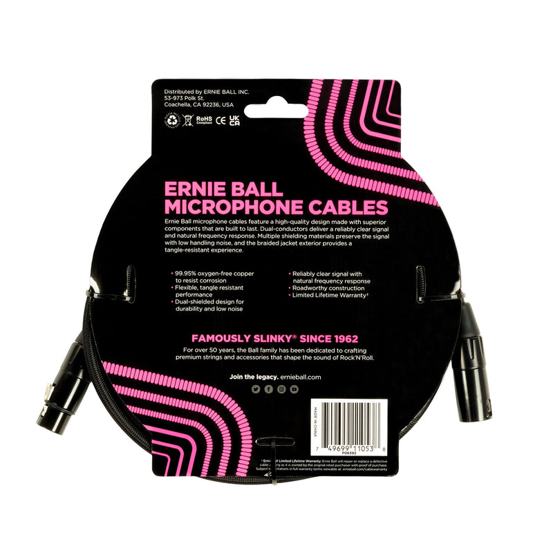 Ernie Ball Braided XLR Mircrophone Cable, 20ft, Black (P06392) Braided Black 20 feet