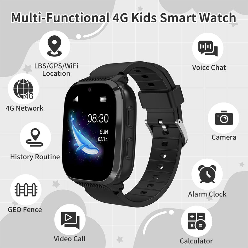 4G Kids Smart Watch Boys with GPS Tracker Video Calling Texting, Waterproof Smartwatches Age 5-13, One-Key SOS Call Voice Chat Cell Phone Watch with Alarm Clock Game HD Camera (Black) Black