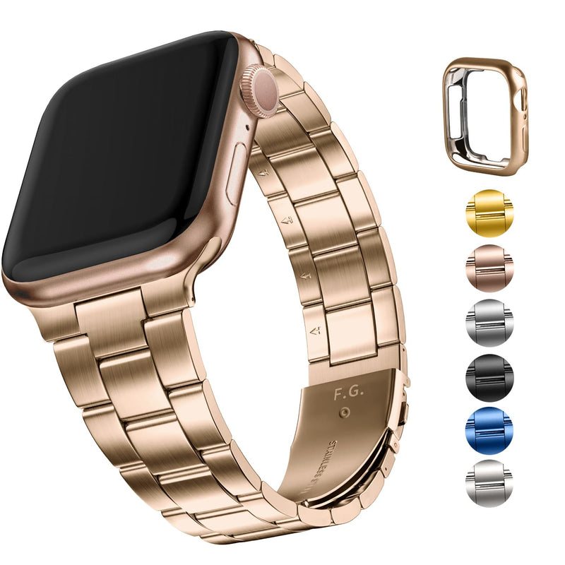Fullmosa Compatible Stainless Steel Apple Watch Band 44mm/45mm/42mm Rose Gold with Case & Compatible Metal No tool needed Apple Watch Band with Case 44mm/45mm/42mm Rose Gold
