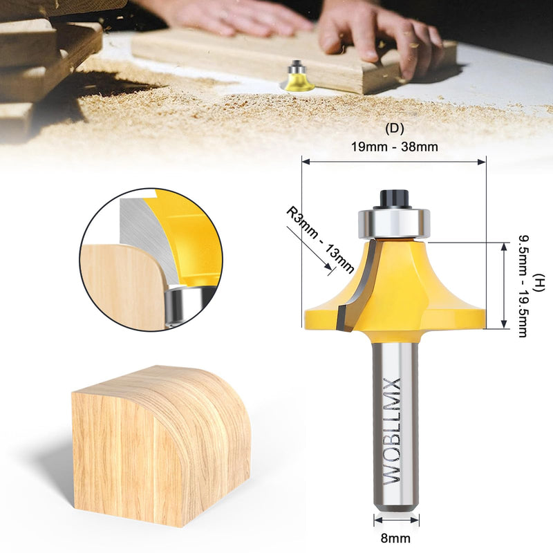 WOBLLMX 8 mm Shank Rounding Cutter, Radius 12.7 mm, with Ball Bearing Top Carbide Blade Handy Durable and Sharp for Woodworking DIY at Home R-13mm 8 mm shaft