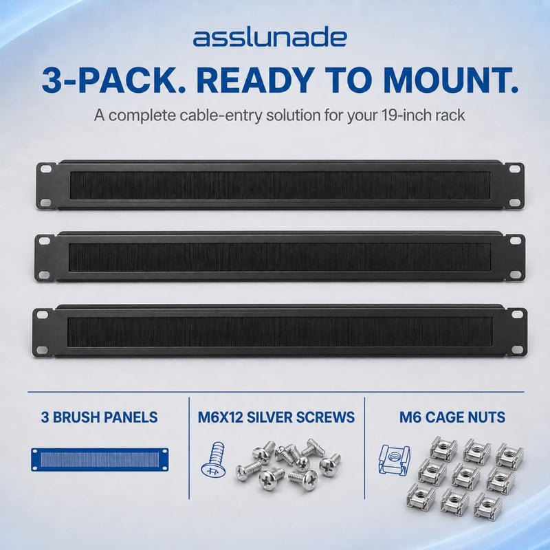 3pack 1U Brush Panel for 19" Rack Mount, Horizontal Brush Cable Manager for wall Mount Rack or Network Cabinet,Black 3