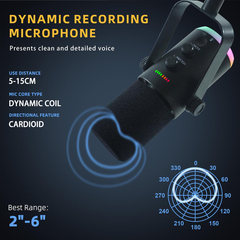 YU7 USB/XLR Dual-Mode Dynamic Gaming Microphone for PS5/PC/Mac/mobile Phones, 48kHz HiFi, Noise Reduction, RGB Gaming Light YouTube/TikTok Streaming Live mic, Can be Used for Microphone Stand