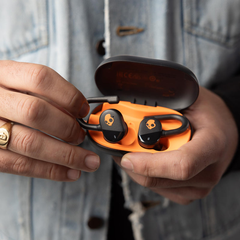 Skullcandy Push Play Active Wireless Earbuds - True Black/Orange | In-Ear Hanger, Bluetooth, Noise Isolating 58 Hours Battery, Sweat and Water Resistant, Microphone, Running Outdoors, Exercise One Size