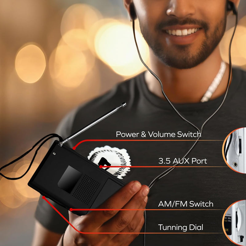 [AUSTRALIA] - Coby Portable AM/FM Radio – Retro Battery Operated Pocket Radio with Powerful Speakers, Long 800-Hour Battery, Clear Reception, Emergency & Travel Transistor Device for Home or Outdoors B-Black 