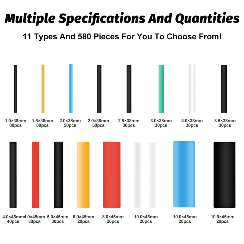 WUFANC Heat Shrink Tubing Set, 580 Pieces, Heat Shrink Tubes, Coloured Includes 6 Colours and 11 Sizes, 2:1 Shrink Ratio, Heat Shrink Tube, Waterproof, Suitable for Cable Insulation, Protect