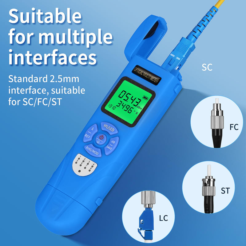 [AUSTRALIA] - Rechargeable Fiber Light Power Meter L-C50 (-50~+26dBm) Mini Fiber Optic Tester SC/FC/ST/LC Interface, Built-in Visual Fault Locator and RJ45tester with 1 FC-LC Adapter blue L-C50 15 