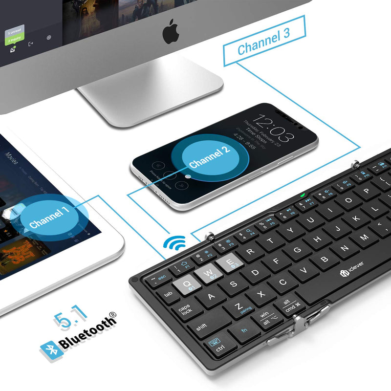 Foldable Keyboard, iClever BK03 Portable Keyboard with Stand Holder (Sync Up to 3 Devices), Full-Size Bluetooth Keyboard for iPhone, iPad, Smartphone, Laptop, Tablet