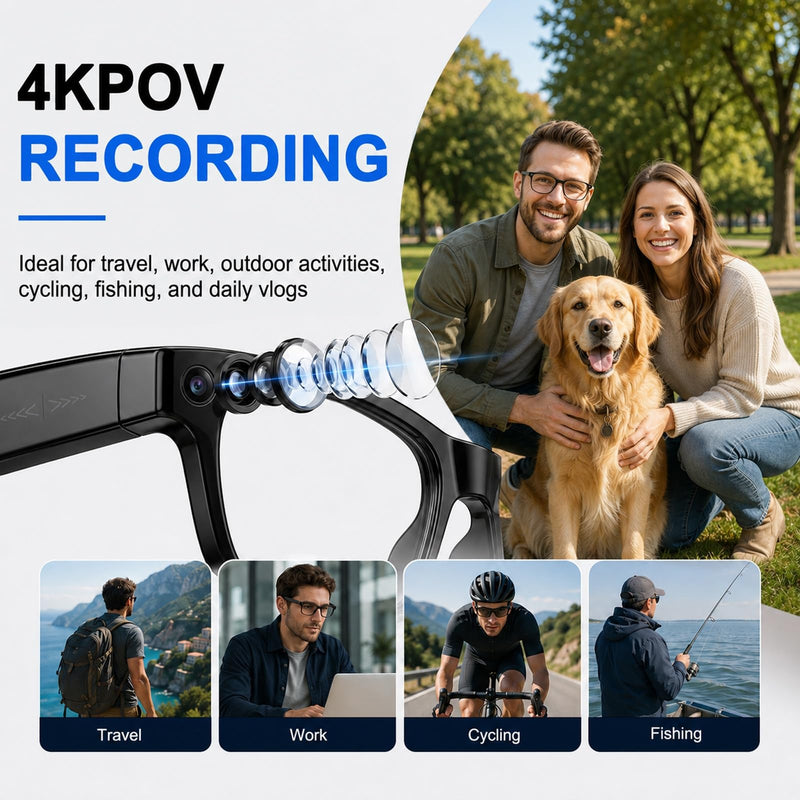 AI Smart Glasses with Camera, 4K Anti-Shake Video & Photo Capture. | Real-Time Translation, Object Recognition, AI Assistant, Open-Ear Audio, Smart Glasses with Camera and Bluetooth, Black