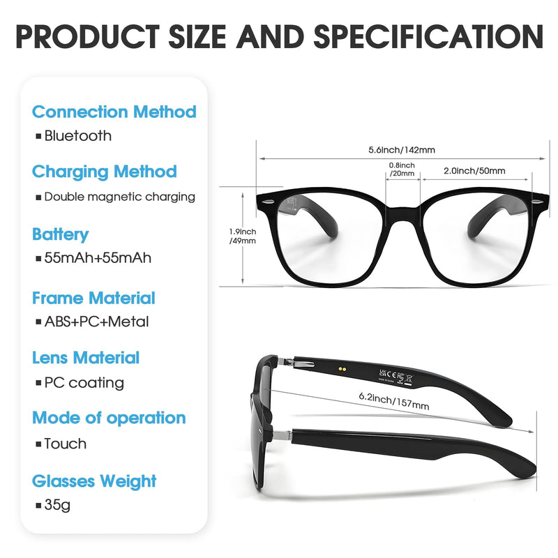 Smart Glasses for Men & Women, Black Frame/Transparent Lens | Open Ear Bluetooth 5.4, Real-Time Translation with 140 Languages, UV 400 Sunglasses