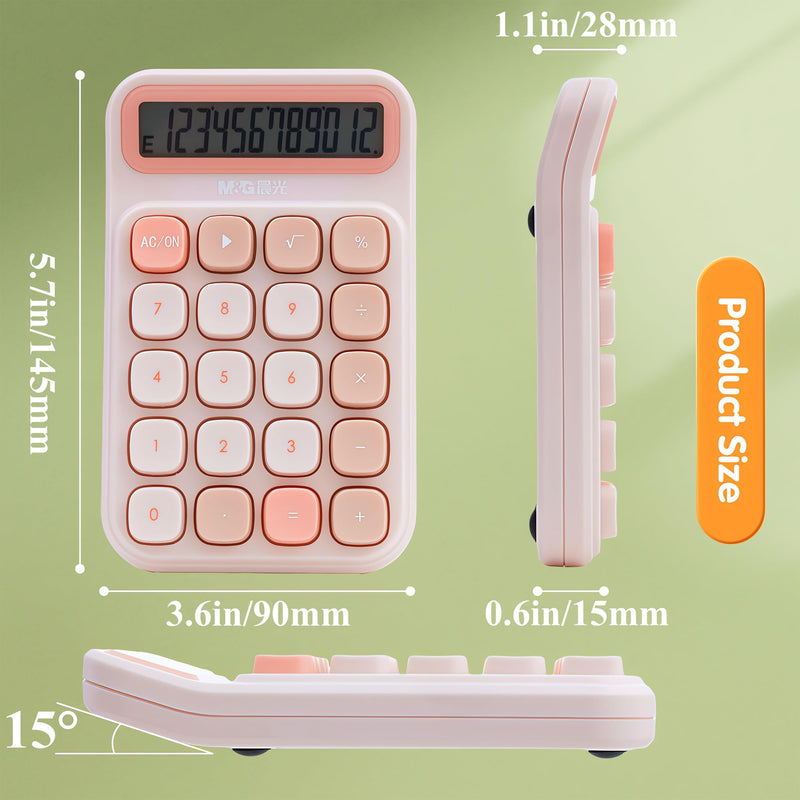 M&G Desktop Calculator 12 Digit Mechanical Switch Calculator with Large LCD Display, Basic Cute Pink Calculator with Big Buttons, Aesthetic Calculator for Office Home School (Battery Included)