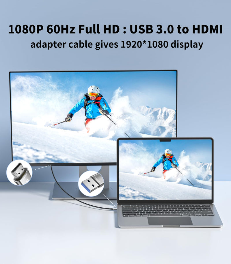 Reborn USB to HDMI Adapter Cable 10FT, 1080P@60Hz USB 3.0 to HDMI Multi-Display Cable Converter Suitable for Macos Windows 7/8/10/11 - Driver Installation is Required (Pack of 2) 10FT (Pack of 2)