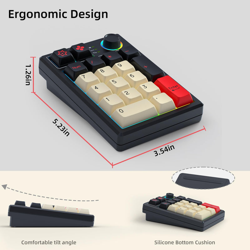 KEYCOOL K19 Wireless Numeric Keyboard, Mechanical Number Keypad Hot-swappable Bluetooth Numpad 5.0/2.4GHz, RGB Multi-Function Knob Numerical Keyboard for Laptop Mac Win iOS Android Earl Red 19 Key