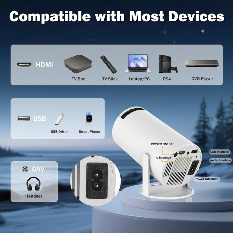 [AUSTRALIA] - Mini Projector Support 4K, 200 Ansi Outdoor & Home Movie Portable Projector with Wifi6 and 5.0 Bluetooth, Automatic Keystone Correction, 180°Rotatable, Compatible with HDMI USB PC Laptop 300 Pro 