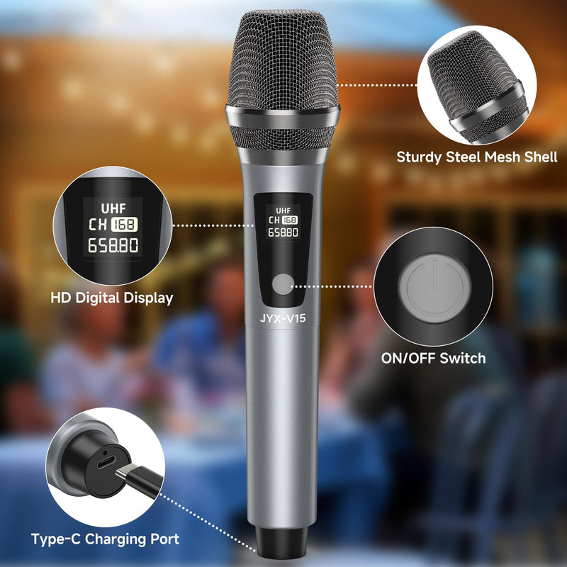 JYX Wireless Microphone, Professional UHF Metal Handheld Dynamic Mic System with Rechargeable Receiver 1/4''(6.35mm) Plug, for Amplifier, PA System, Karaoke Singing, Wedding, Party, Speech, Church