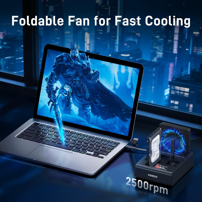 FIDECO Hard Drive Docking Station for M.2 NVMe SSD and 2.5"/3.5" SATA HDD with Bidirectional Offline Clone, M.2 NVMe to USB Adapter Cloner, SSD Reader with Foldable Cooling Fan
