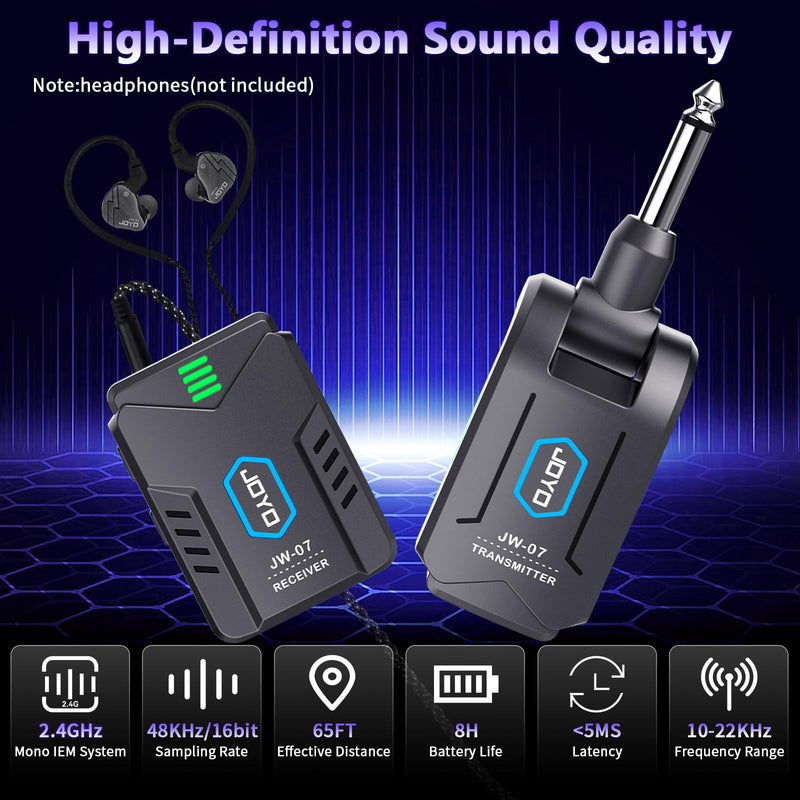 JOYO Wireless in Ear Monitor System Upgraded 2.4G Mono Rechargeable IEM Transmitter Clip on Receiver Auto Pairing for Singer Practice Rehearsal and Small Live Use (JW-07 New Version)